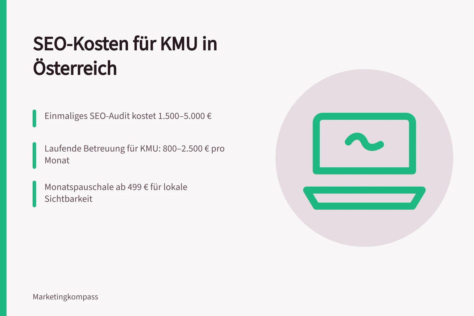 SEO-Kosten für KMU in Österreich: Einmaliges SEO-Audit kostet 1.500–5.000 €; Laufende Betreuung für KMU: 800–2.500 € pro Monat; Monatspauschale ab 499 € für lokale Sichtbarkeit