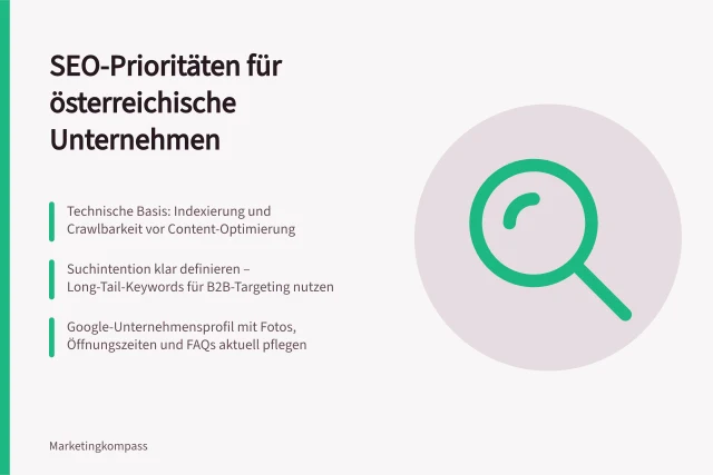 SEO-Prioritäten für österreichische Unternehmen: Technische Basis: Indexierung und Crawlbarkeit vor Content-Optimierung; Suchintention klar definieren – Long-Tail-Keywords für B2B-Targeting nutzen; Google-Unternehmensprofil mit Fotos, Öffnungszeiten und FAQs aktuell pflegen. SEO-Maßnahmen priorisieren: Was zuerst auf die Website gehört