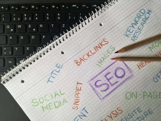 Close-up of notebook with SEO terms and keywords, highlighting digital marketing strategy. Suchmaschinenoptimierung für KMU: Sichtbarkeit ohne Agentur aufbauen